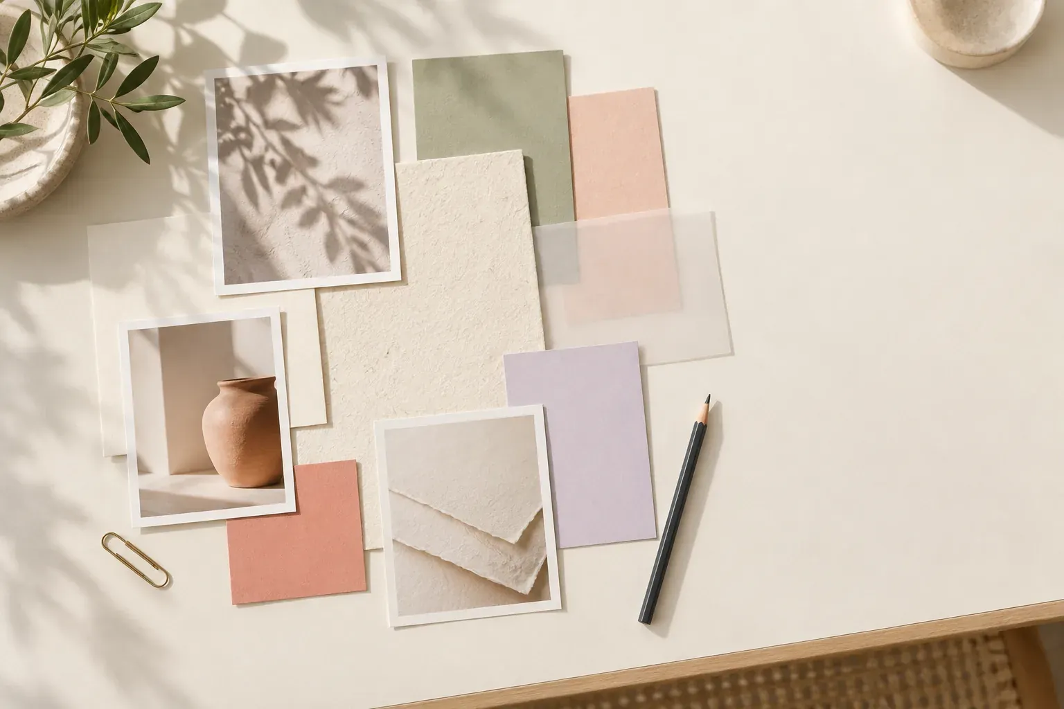 Brand direction still life with ivory textured paper, coral, sage and lilac cards, photographic prints, vellum, a pencil and a paper clip