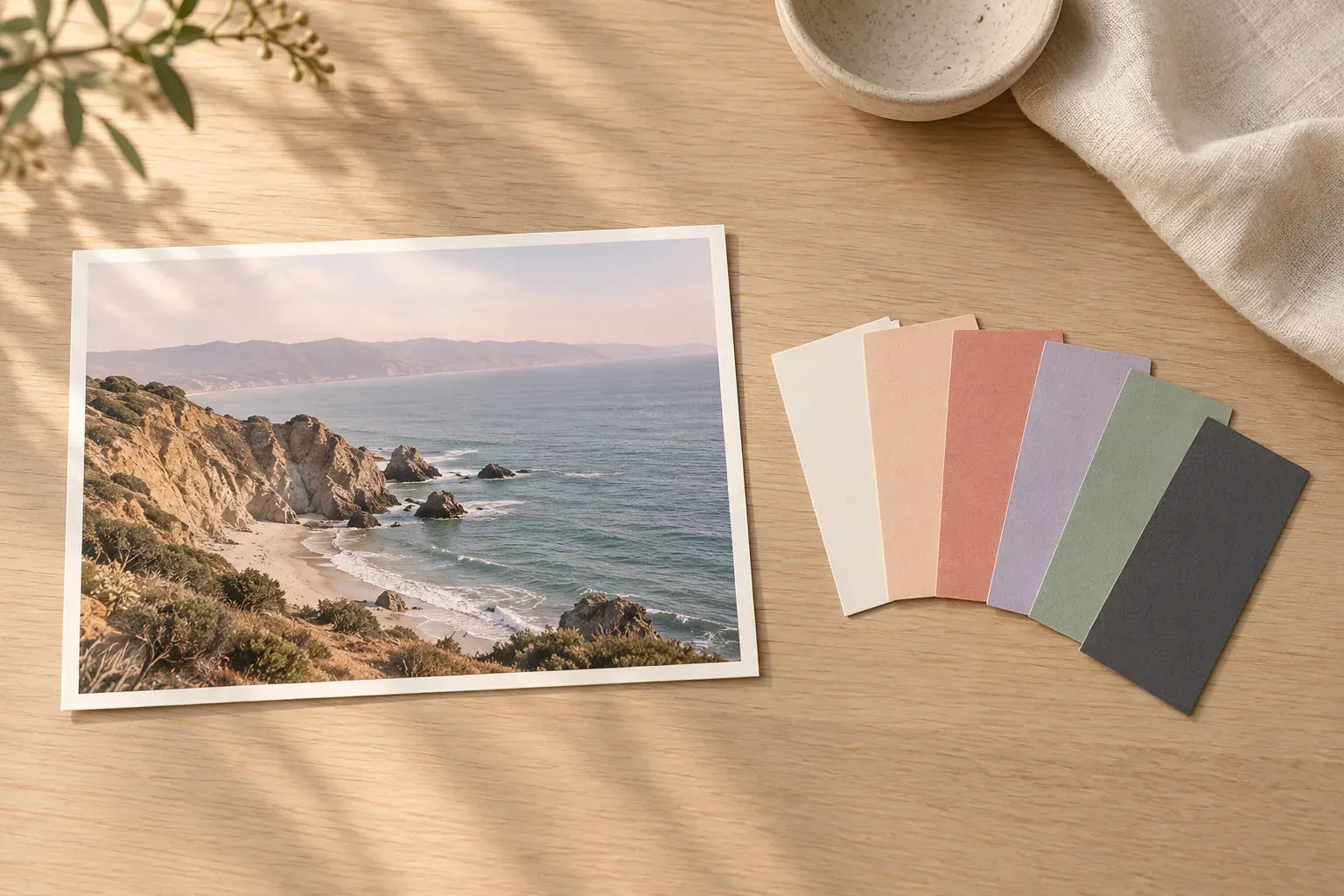A printed coastal landscape beside six blank paper color swatches in ivory, peach, coral, lilac, sage and charcoal on a pale oak table
