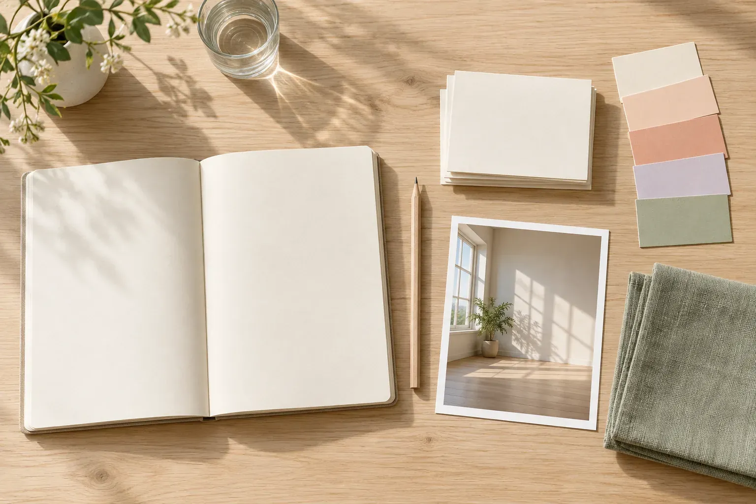A blank open notebook and pencil beside project cards, warm pastel swatches, a studio photograph and sage linen on an oak desk