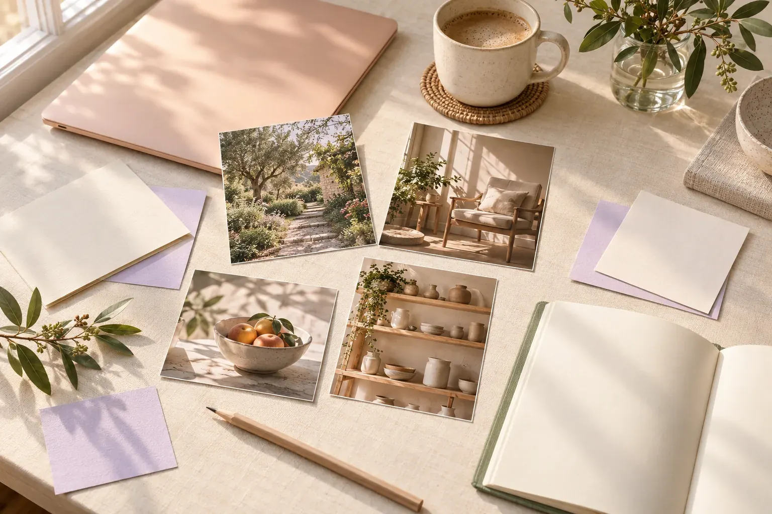 A peach laptop, blank notebook and photo prints of a garden, reading chair, fruit bowl and pottery arranged on a sunlit desk