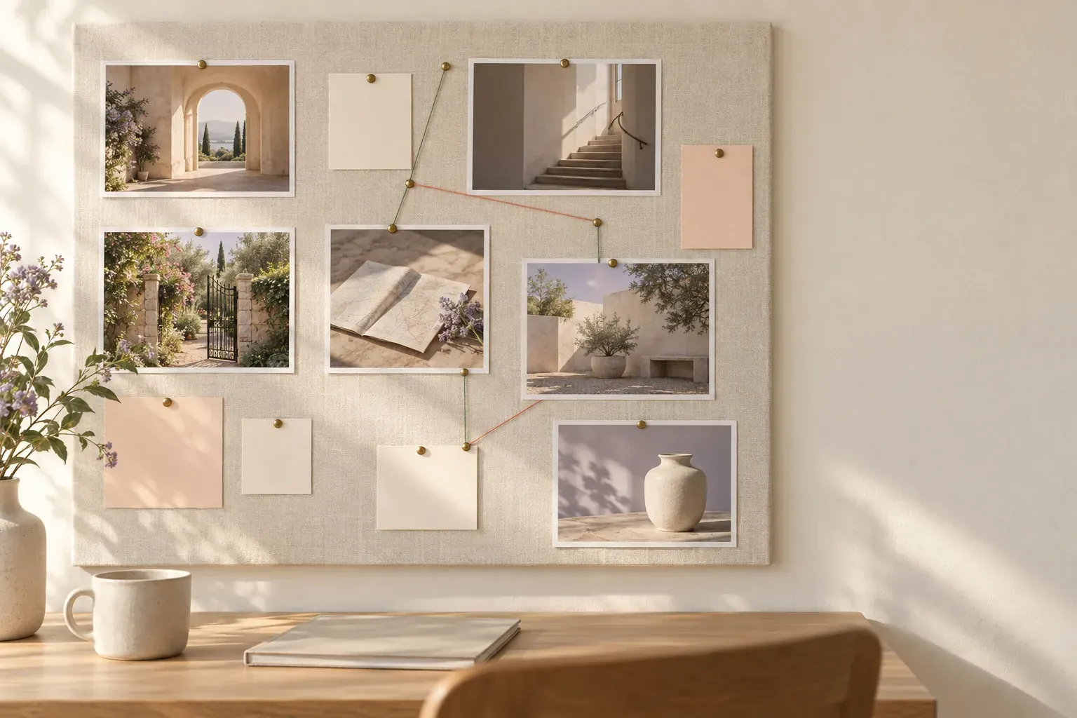 Landscape photographs and blank ivory and peach cards connected with sage and coral thread on a linen research pinboard above an oak desk