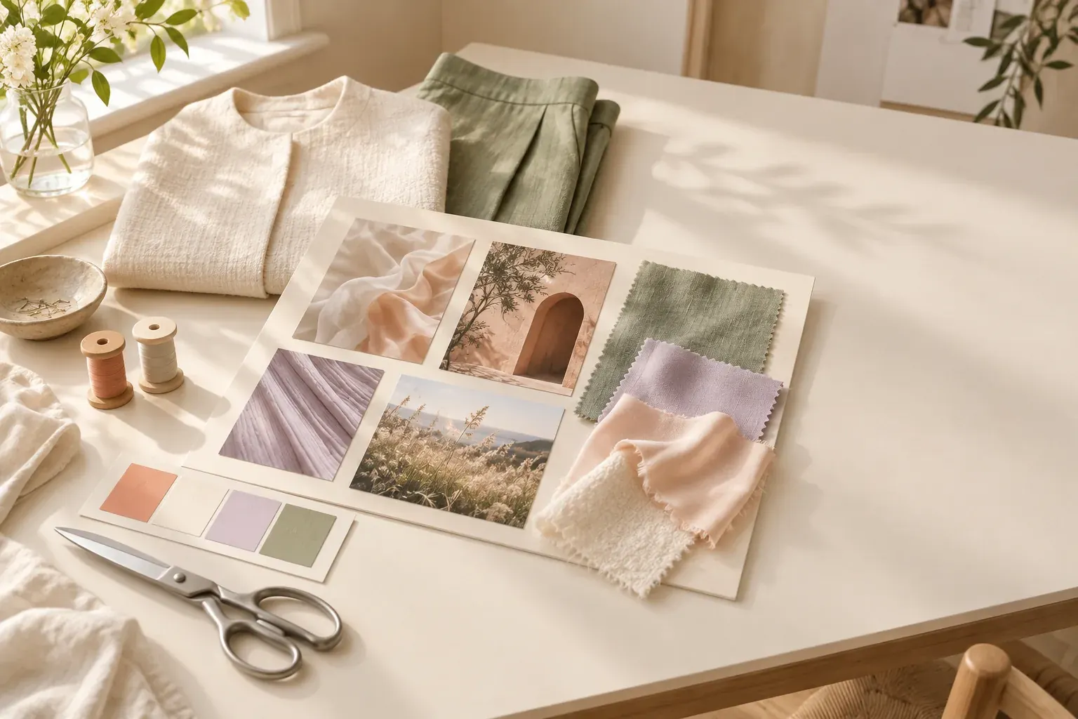 Fashion mood board with sage, lilac and peach fabric swatches, folded ivory and sage garments, reference photos, thread spools and shears