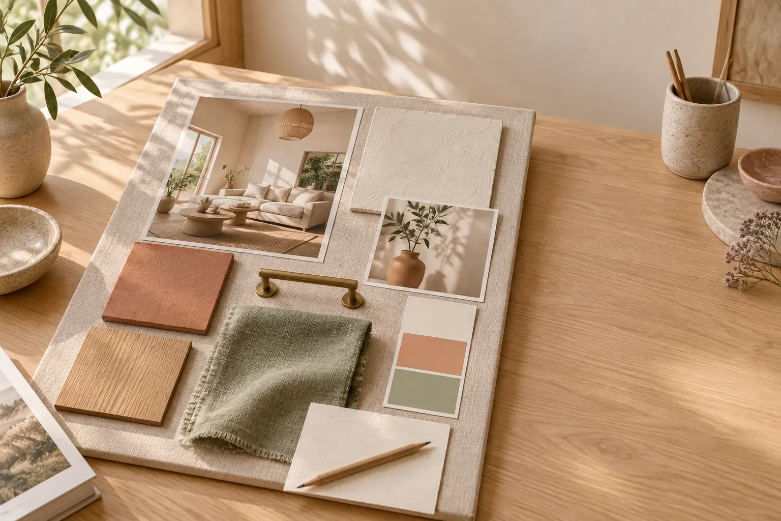 Interior mood board on an oak table with room photographs, sage linen, terracotta tile, oak veneer, a brass handle and paint chips