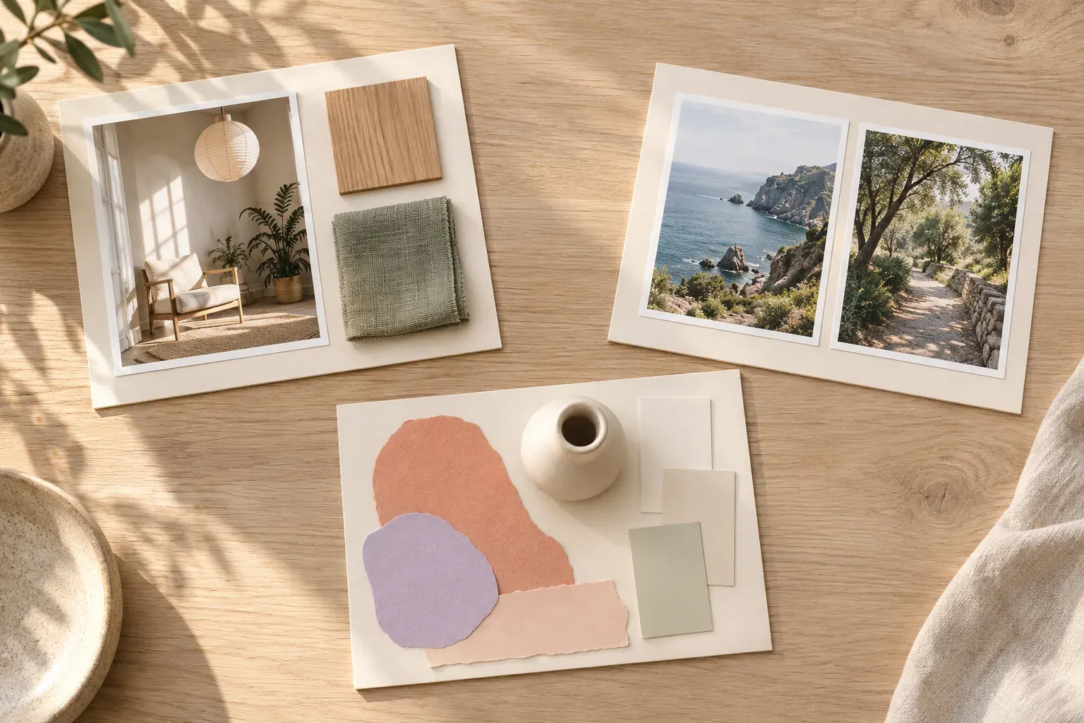 Three physical mood boards with a reading nook photograph, oak and linen samples, pastel paper shapes and coastal photographs on an oak table