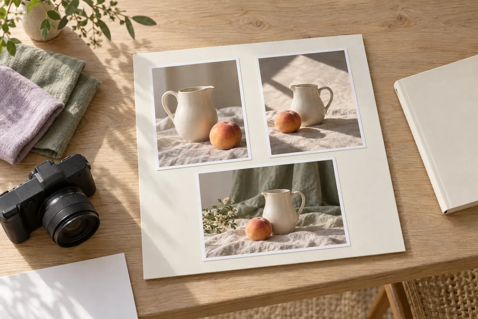 An unbranded camera beside three pitcher-and-peach lighting reference prints, sage and lilac fabric and a blank notebook on an oak table