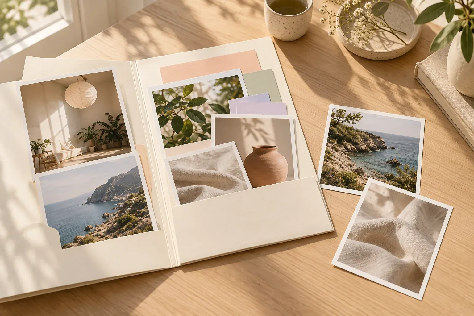 An open ivory paper portfolio holding photographs of interiors, leaves, coastlines and linen, with pastel dividers on an oak table