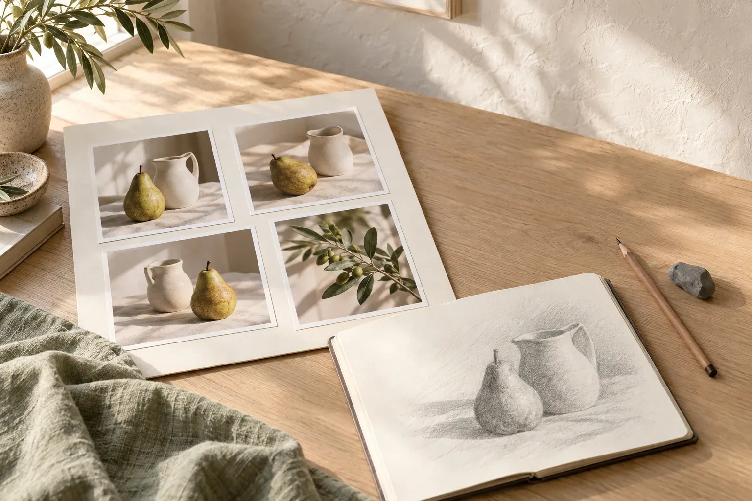 An art reference board with photographs of a pear, ceramic pitcher and olive branch beside a graphite still-life drawing, pencil and eraser