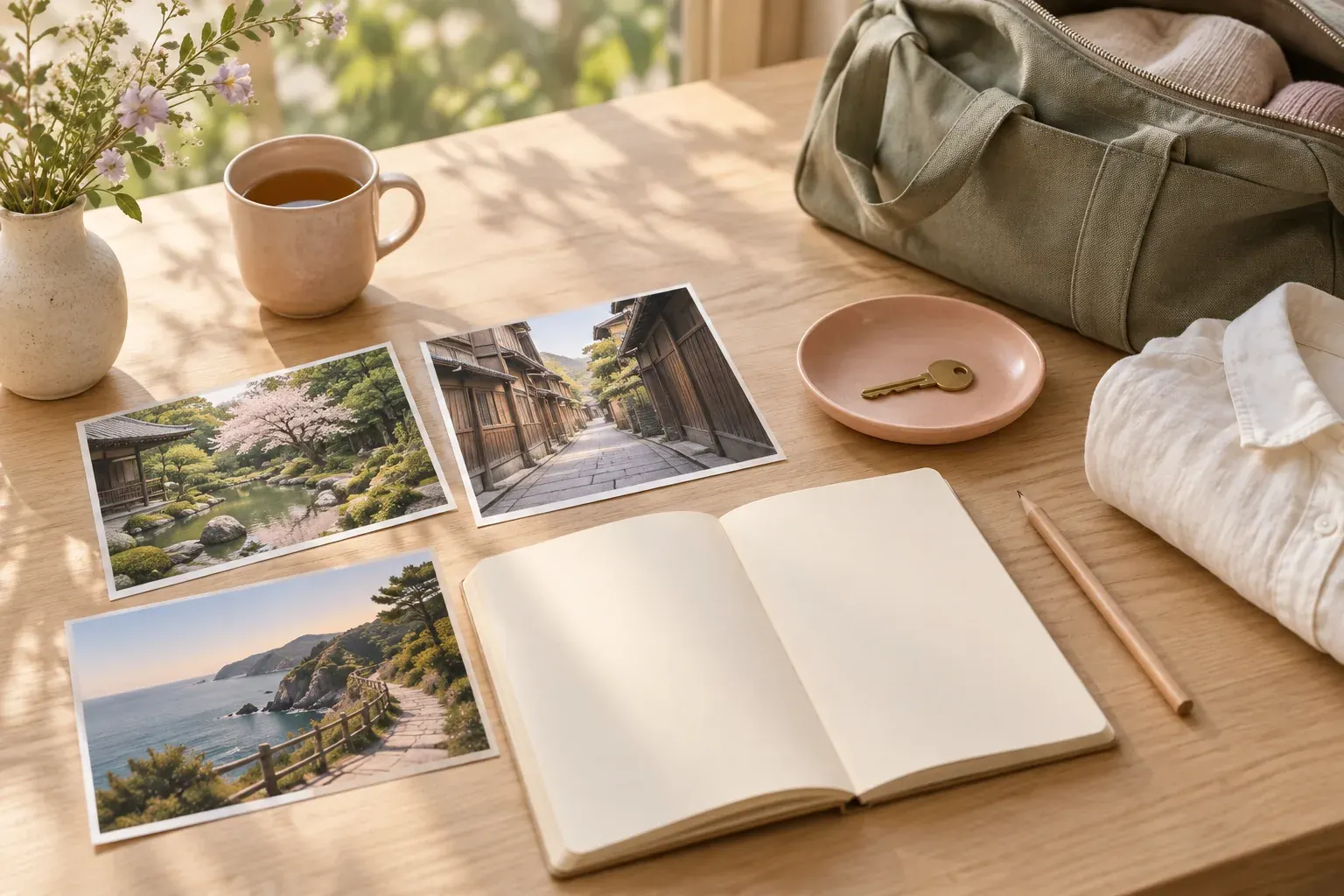 A blank travel notebook, garden and street photographs, sage travel bag, linen shirt and brass key on a pale oak table