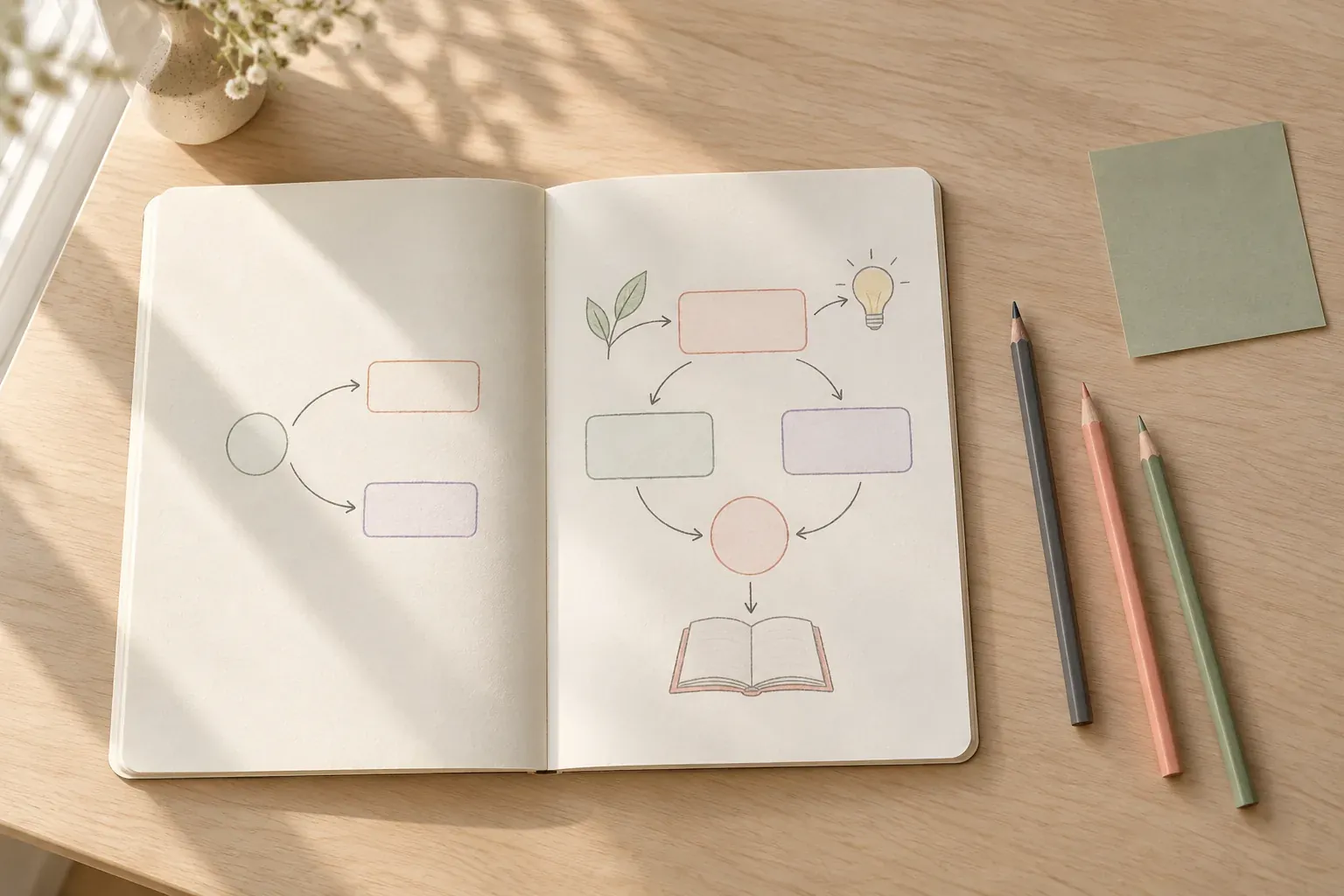 An open notebook with empty pastel boxes, pencil arrows and leaf, light bulb and book sketches beside three pencils on an oak desk