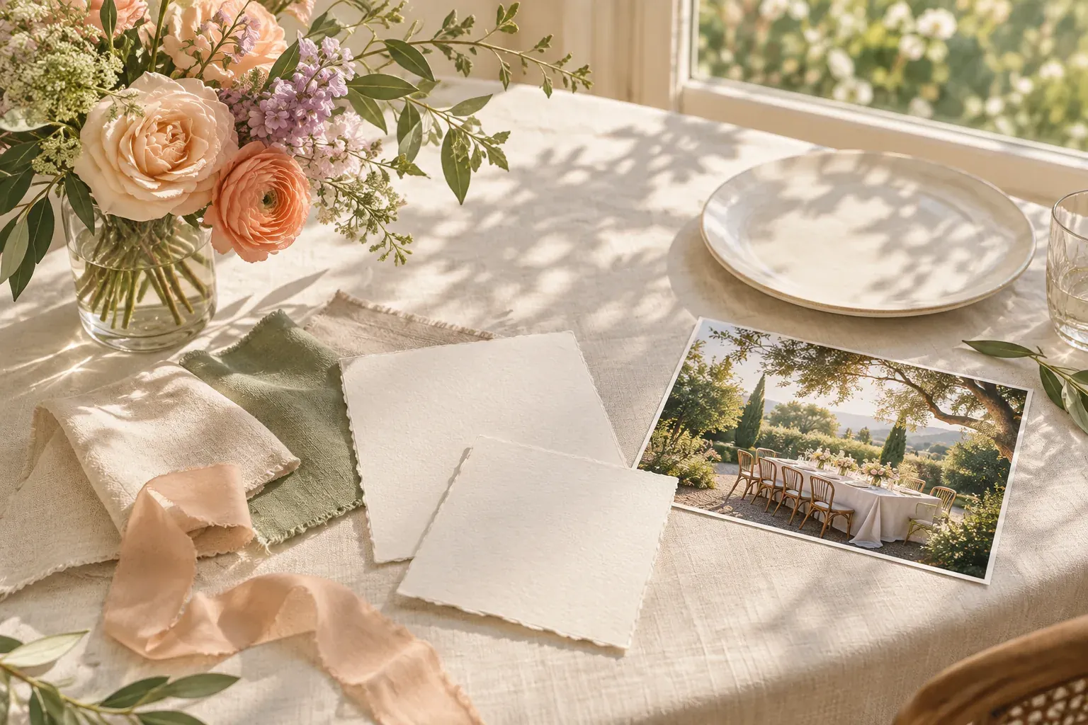 Peach and lilac flowers, sage and ivory linen, blank handmade stationery and a garden table photograph arranged in window light