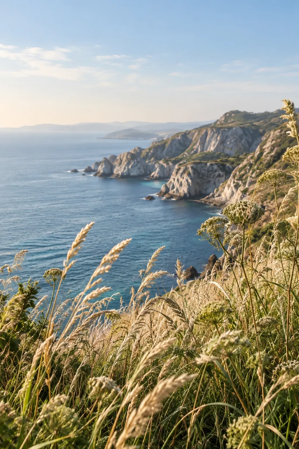 Sunlit grasses above a quiet coastal cove
