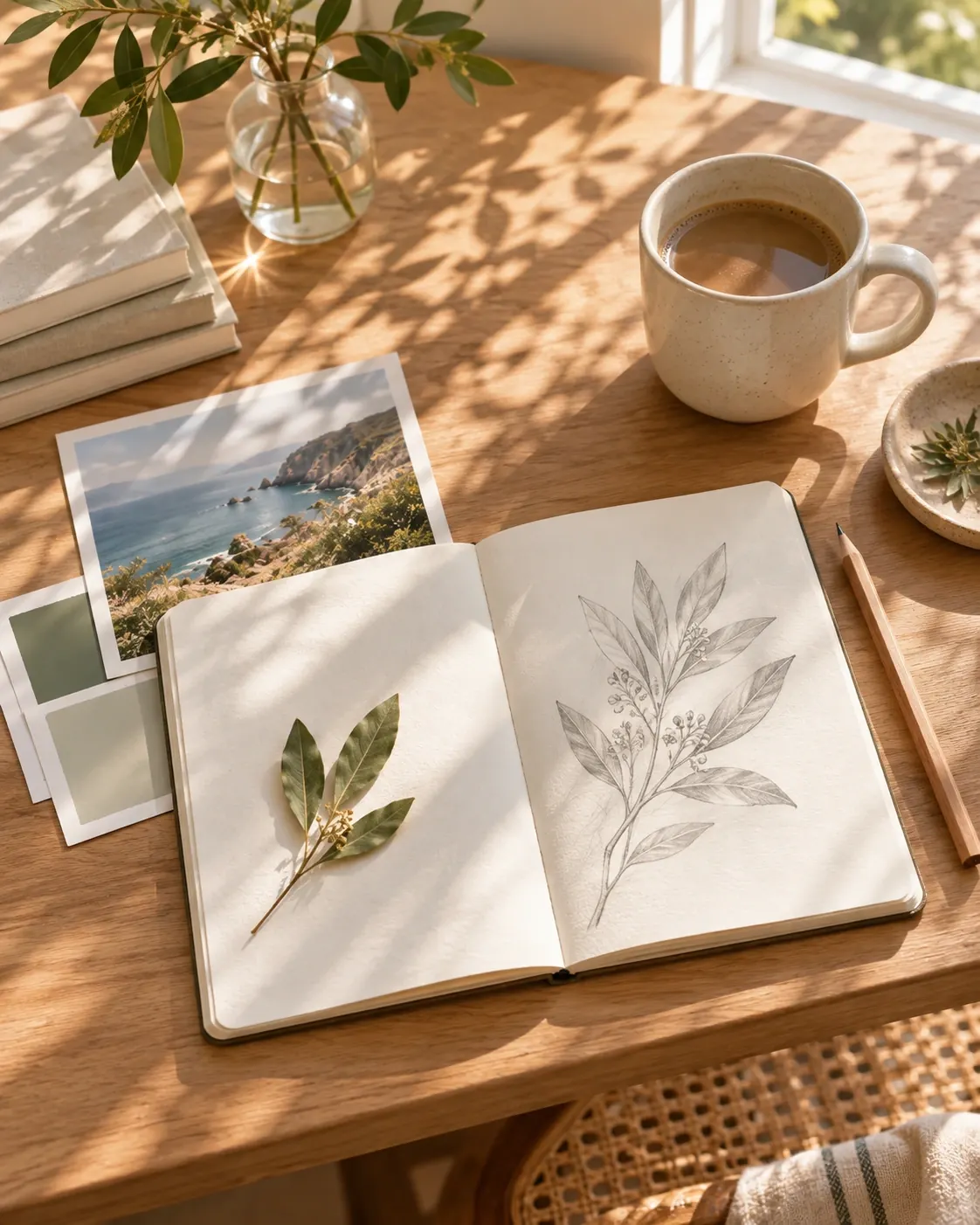 Open sketchbook with a leaf study, coastal photograph and cup on a sunlit desk