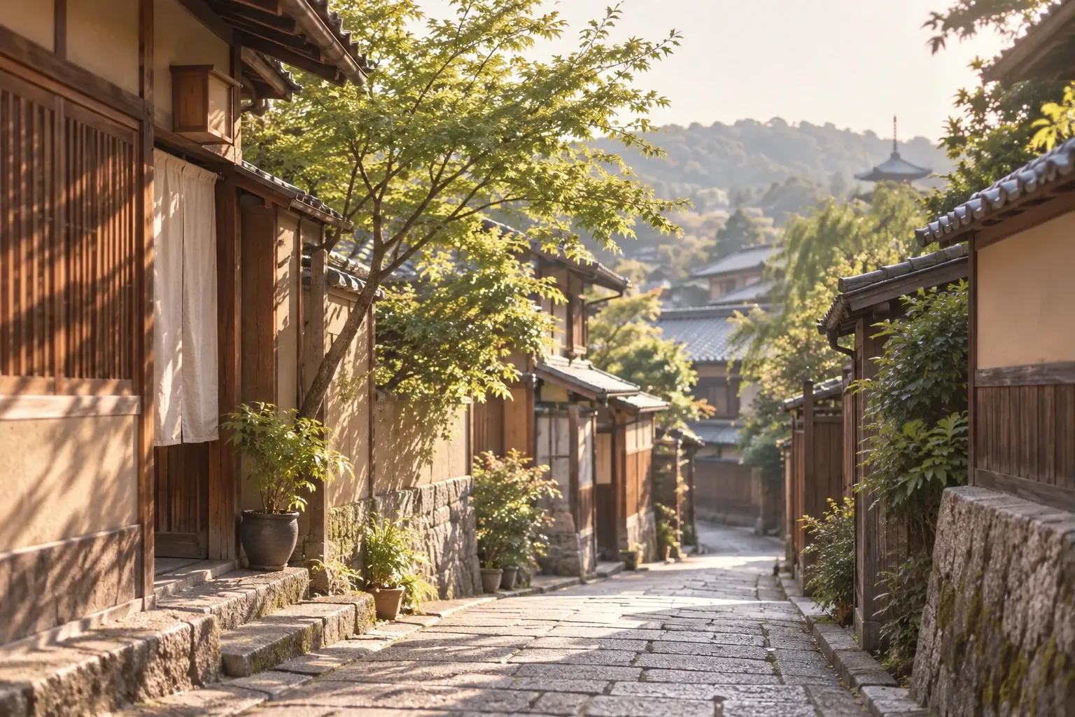 A quiet Kyoto street with traditional buildings