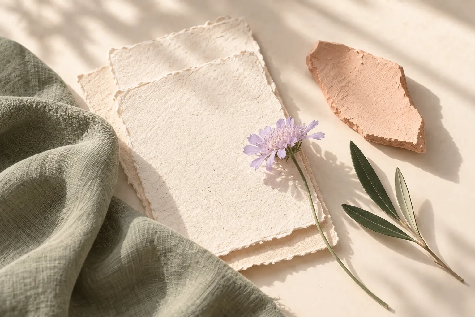 Handmade paper, a sage linen cloth, a terracotta fragment, a lilac flower and an olive sprig arranged in soft daylight