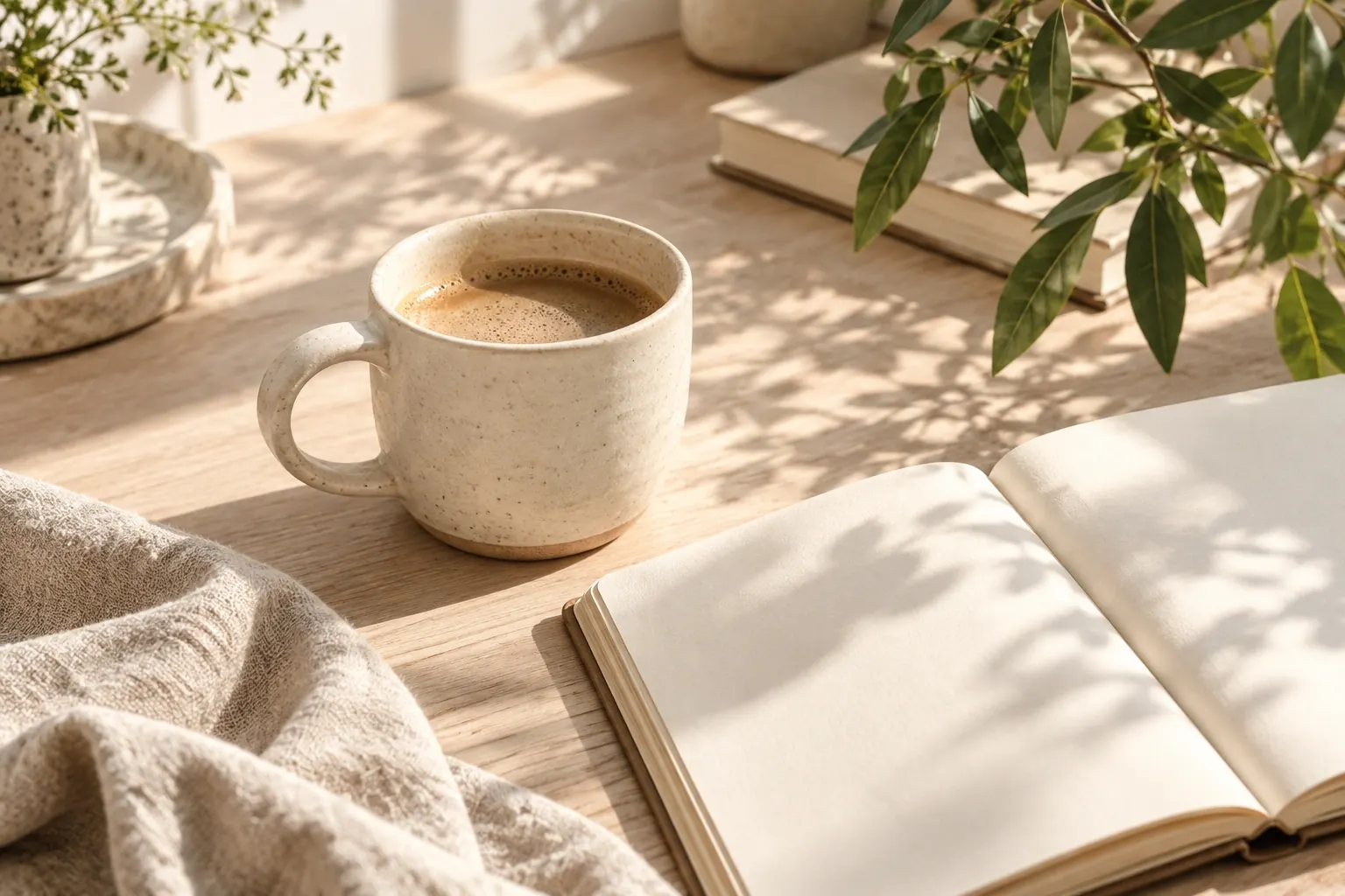 A quiet morning still life with a cup and an open notebook