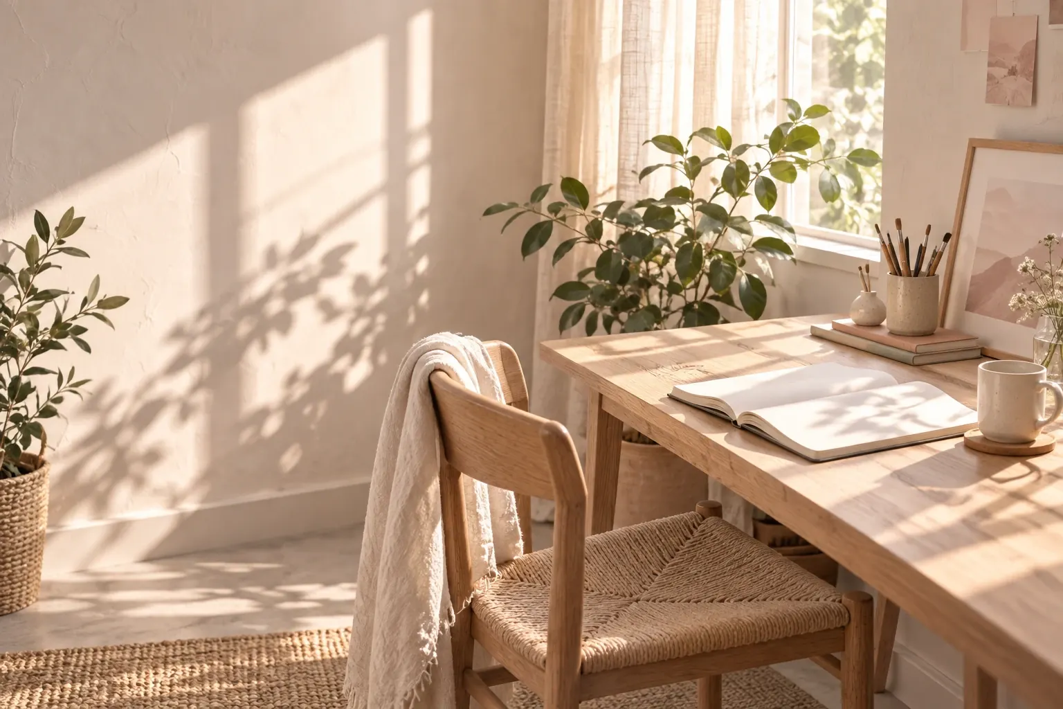 A calm workspace with a notebook and creative references
