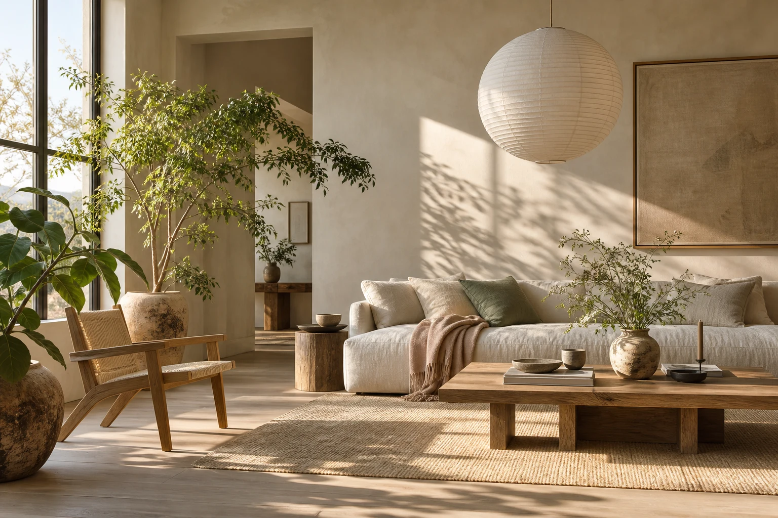 Sunlight, plants and natural textures in a quiet interior reference