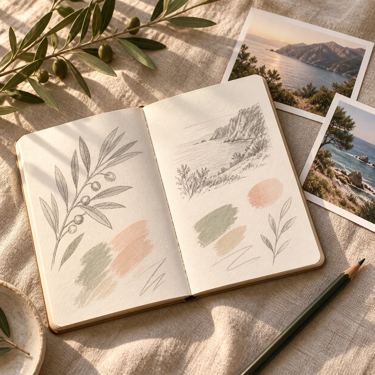 An open sketchbook with botanical studies and notes